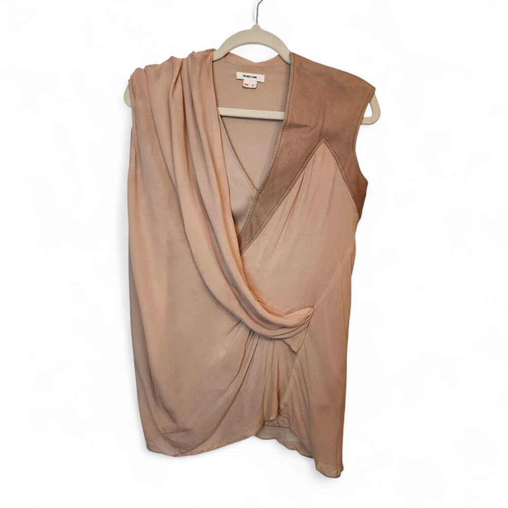 Helmut Lang Womens Tan Taupe Luxury Goat Leather Trim Sleeveless Blouse Top Sz S